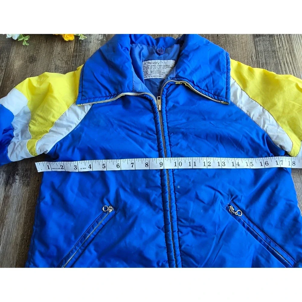 Vintage 70s‎ JCPenney Puffer Jacket Kids Size 10 Blue Yellow Colorblock Coat